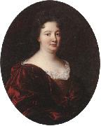 unknow artist Portrait of a landy,said to be marie de pontchartrin,half length,wearing a red velvet mantle over a gold braided dress and lace shirt oil painting